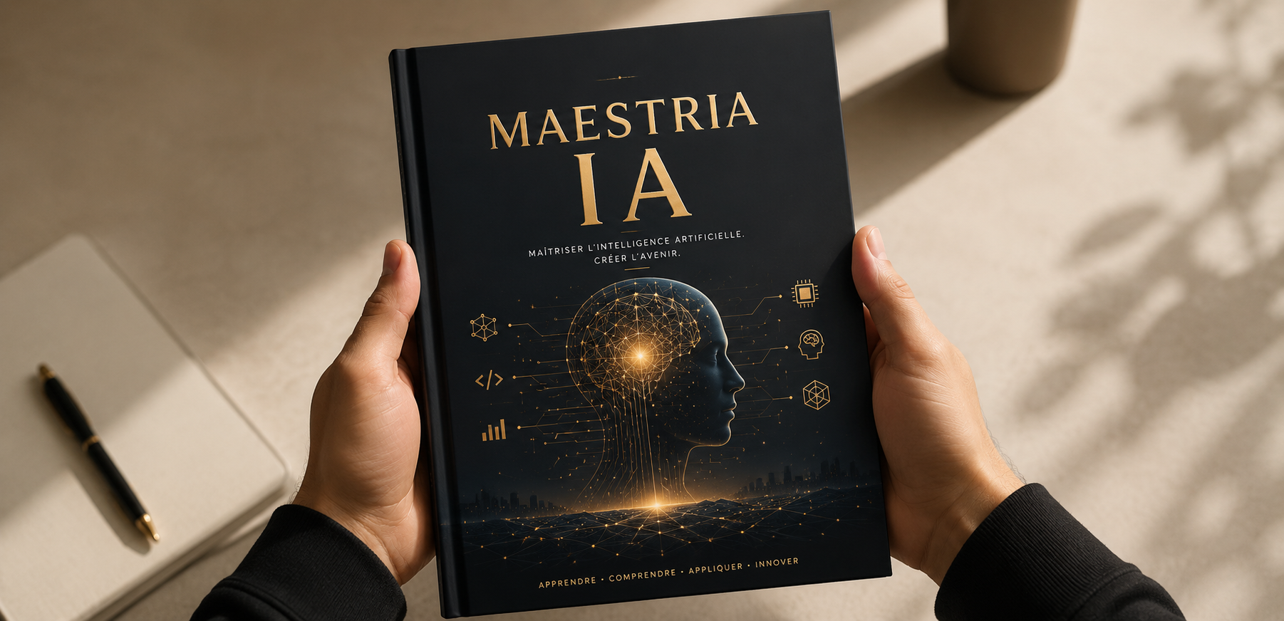E-book gratuito Maestria IA sobre inteligência artificial prática. Imagem em perspectiva de uma pessoa lendo o livro digital focado em tecnologia e aprendizado de IA.