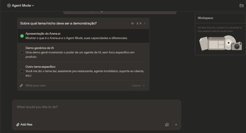 Captura de tela do Agent Mode do Arena AI mostrando a etapa de seleção do tema para demonstrações de inteligência artificial, incluindo apresentação da plataforma Arena AI e criação de agentes personalizados.