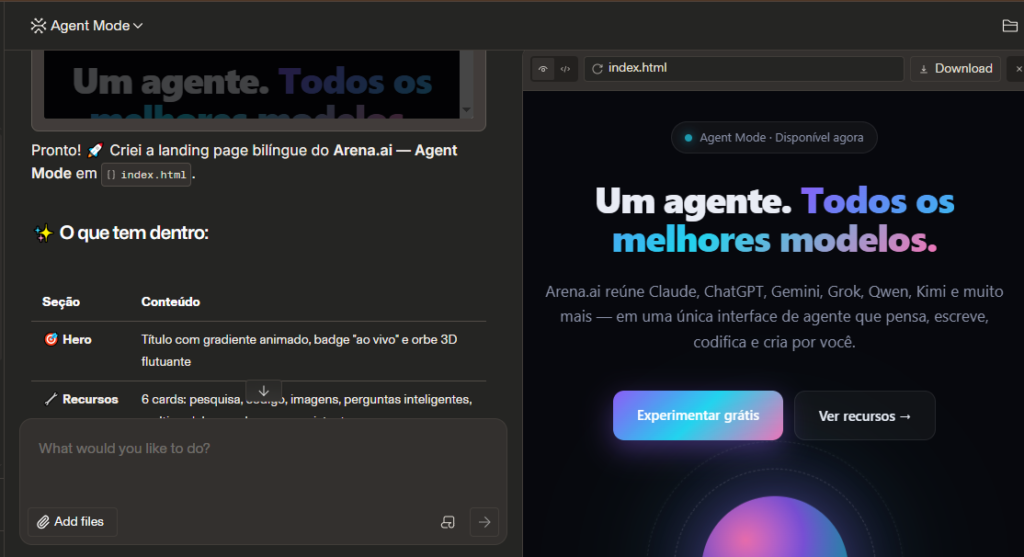 arena ai agent mode landing page gerada.png